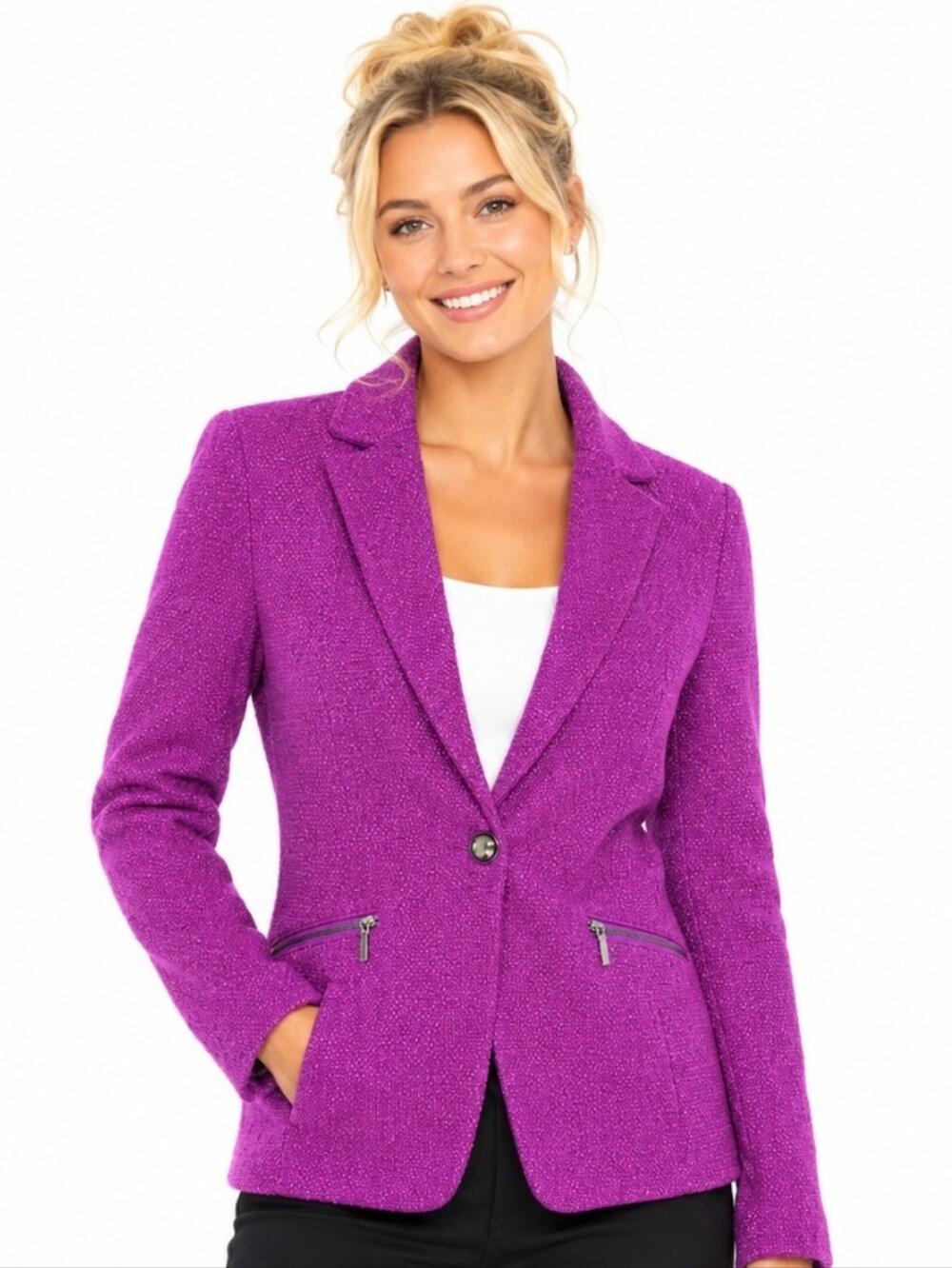 Anne Klein Petite Vibrant Purple Magenta Bouclé One-Button Blazer(sz:14p)